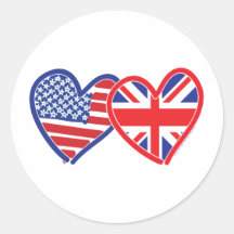 American Flag/Union Jack Flag Hearts Round Sticker