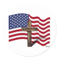 American Flag Waving and Rugged Cross Round Sticker