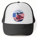 american flag with twin tower building firefighter hats