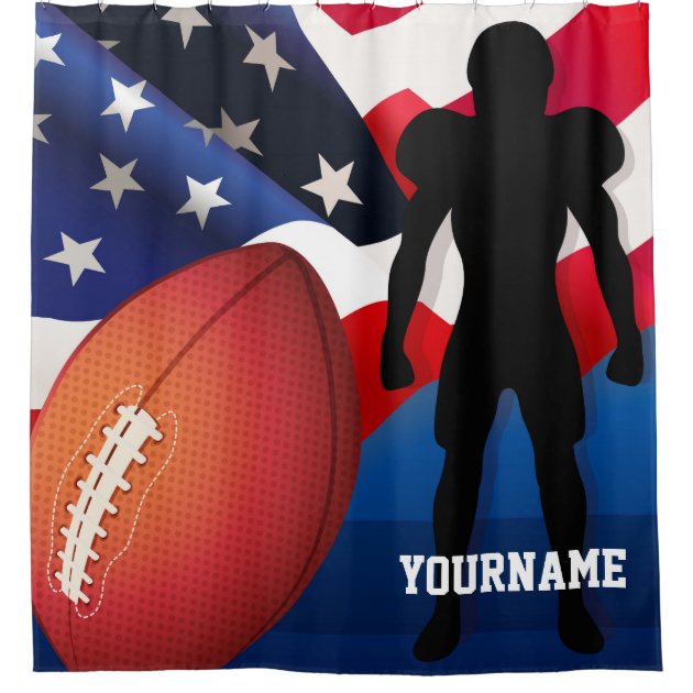 American Football Player Silhouette with US Flag Shower Curtain-1
