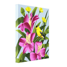 American Goldfinch and Alstroemeria Flower Art Canvas Print