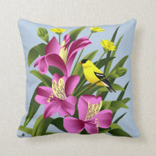 American Goldfinch and Alstroemeria Flowers Throw Pillows