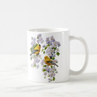 American Goldfinches & Pink Apple Blossoms Basic White Mug