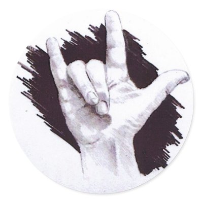 Pencil drawing of a hand showing the ASL sign for "I Love You".