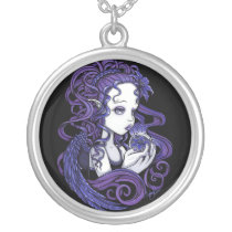 amethyst, purple, lilly, lillie, flower, blue, angel, gothic, myka, jelina, art, fairy, faery, faerie, fae, fairies, crystal, ball, magical, cute, big, eyed, angels, Necklace with custom graphic design