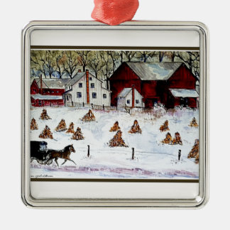 amish farm watercolor square metal christmas ornament amish farm watercolor square metal christmas ornament