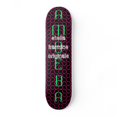 AMOEBA Techno Deck:Neon Green & RedOrange on Black Custom Skateboard by StellaKarmine