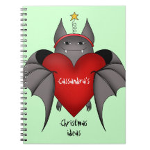 Amorous gothic Christmas bat with red heart Note Book