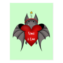 Amorous gothic Christmas bat with red heart Post Cards