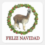 An alpaca Feliz Navidad Christmas Wreath Square Sticker