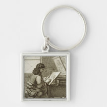 An artist copying onto an engraving plate, printed key chains