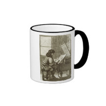 An artist copying onto an engraving plate, printed mugs