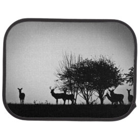 An image of some deer in the morning mist floor mat