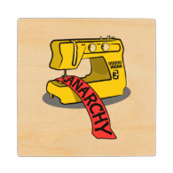 Anarchy Yellow Sewing Machine Maple Wood Coaster