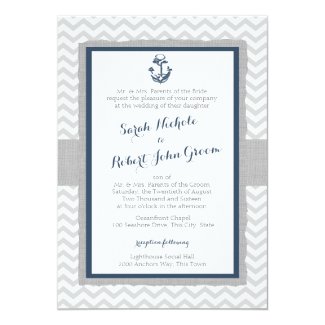 Anchor and Chevron Navy Blue and Grey Wedding 5x7 Paper Invitation Card