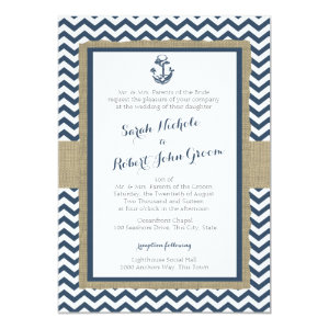 Anchor and Chevron Navy Blue Rustic Wedding 5x7 Paper Invitation Card