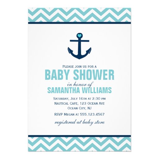 Anchor and Chevrons Nautical Baby Shower {blue} Card (front side)