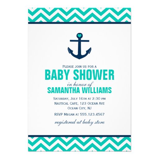Anchor and Chevrons Nautical Baby Shower {green} Personalized Announcements (front side)
