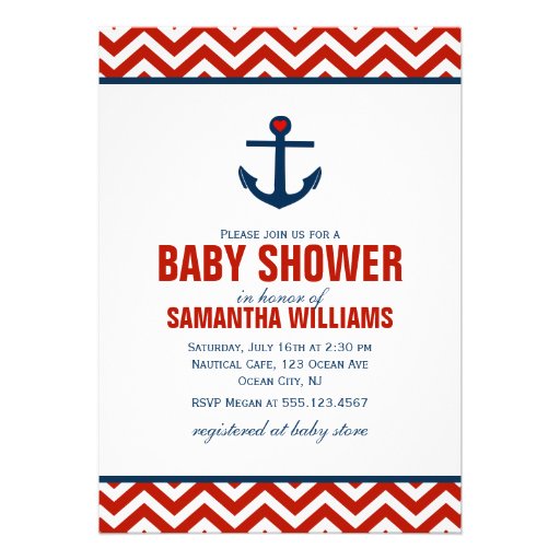 Anchor and Chevrons Nautical Baby Shower {red} Custom Invitation (front side)