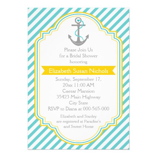 Anchor aqua, yellow nautical wedding bridal shower card