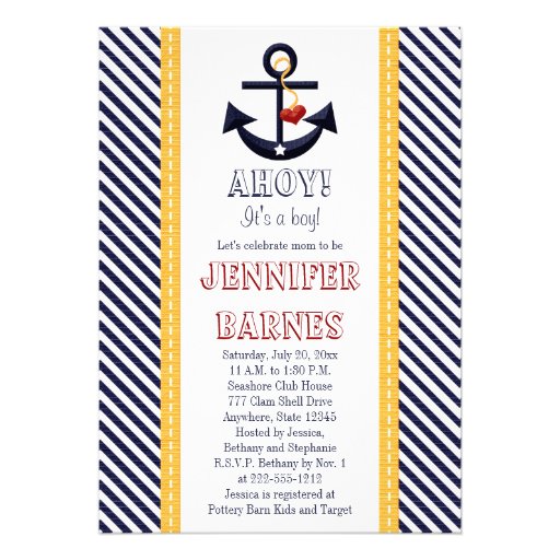 Anchor Nautical Baby Shower Invitations Yellow (front side)
