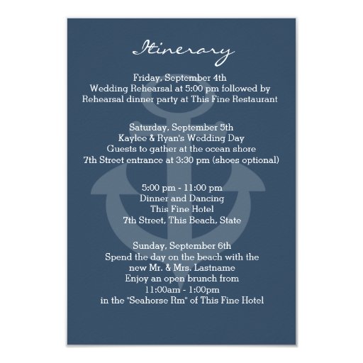 Anchor Navy Blue Intinerary Customized Announcement Card