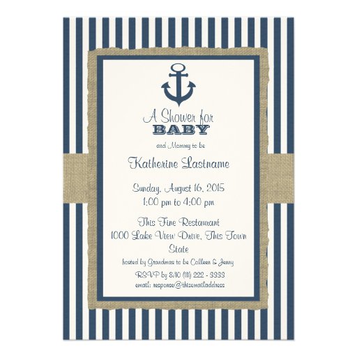 Anchor Navy Blue Stripes Baby Shower Card