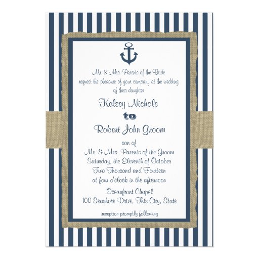 Anchor Navy Blue Stripes Beach Wedding Personalized Invitation