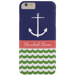 Anchor with Waves and Custom Name in Navy & Green Barely There iPhone 6 Plus Case