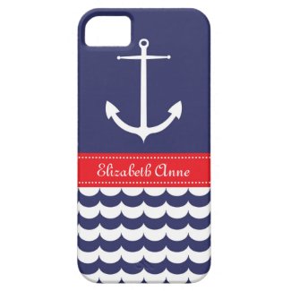 Anchor with Waves and Custom Name in Navy & Red iPhone 5 Case