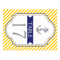 Anchor yellow, white nautical wedding table number post cards