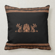 Ancient Greek Style Black and Orange Floral Design Throw Pillow