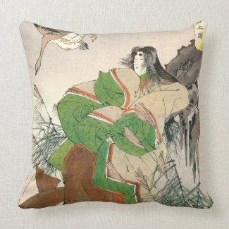 Ancient Japanese Painting of Woman and Geese throwpillow
