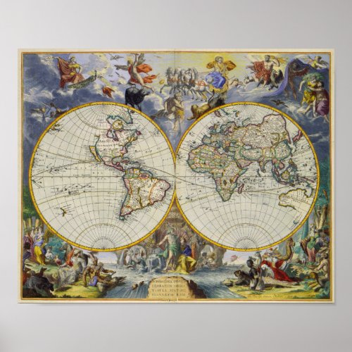 Ancient Map of the World in Two Hemispheres 1683 print