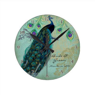 Ancient Peacock & Etchings Personalized Wedding Round Clock