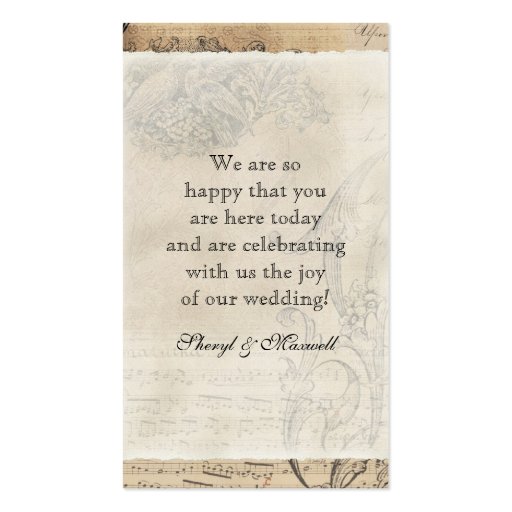 Ancient Peacock Vintage Wedding Reception Favors Business Card Templates (back side)
