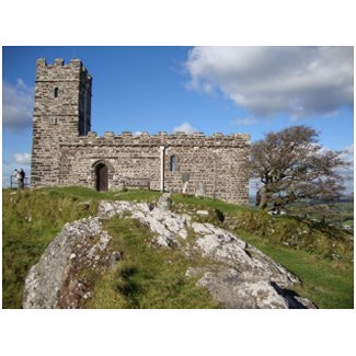 ancient stone church and windswept tree postcard
