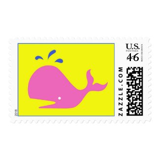 Andy Whale Singletons_pink,blue on yellow postage stamp