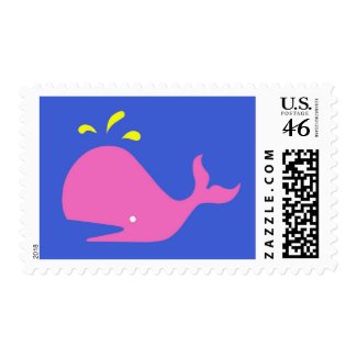 Andy Whale Singletons_pink,yellow on blue postage stamp