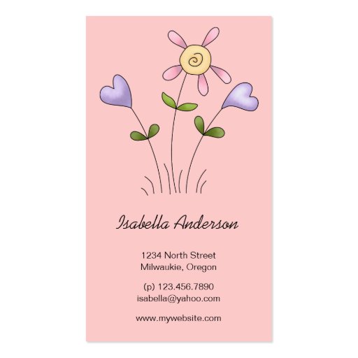 Angel Antics · Flower Hearts · Purple Business Card (front side)
