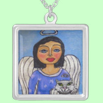 Angel Cat Angel on Cloud Folk Art necklaces