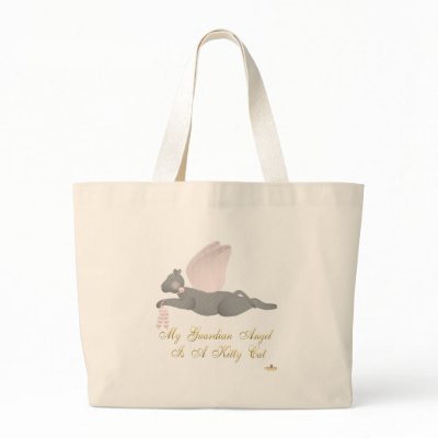 Angel Cat Dark Gray Pink Roses Guardian Angel Kitt Tote Bags by animalacres