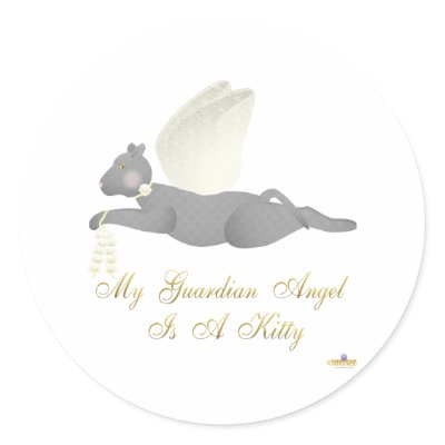 Angel Cat Dark Gray Yellow Roses Guardian Angel Ki Round Stickers by animalacres