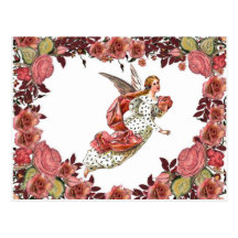 Ángel con la cinta y los rosas rosados postales