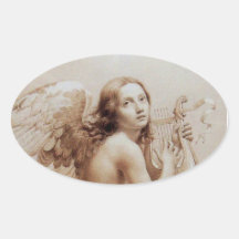 ANGEL PLAYING LYRA OVER THE CLOUDS OVAL STICKER