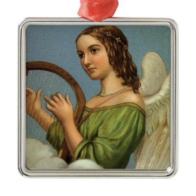 Angel Playing Music on a Harp; Vintage Victorian Christmas Ornaments