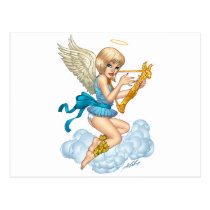 angel, flowers, yellow, gold, blue, blond, halo, wings, cloud, rio, angels, Cartão postal com design gráfico personalizado