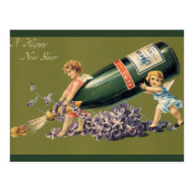 Ángeles del vintage con Champán; Una Feliz Año Nue Postal