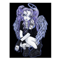 angelina, angel, fairy, gothic, goth, boots, violet, blue, black, fantasy, faerie, halo, pigtails, Postcard with custom graphic design