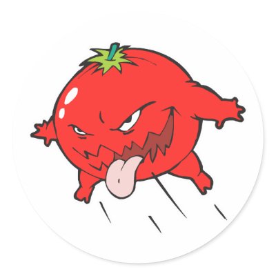 angry rotten tomato cartoon character round sticker by doonidesigns
